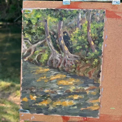 A serene forest scene with tall trees and a reflective stream, painted in an impressionistic style.