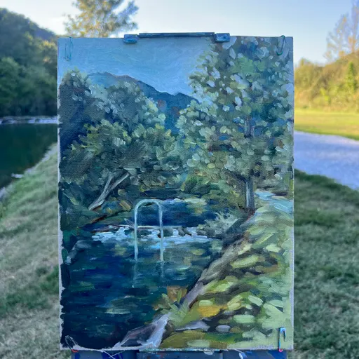 A serene landscape painting featuring trees, a body of water, and distant hills under a clear sky.