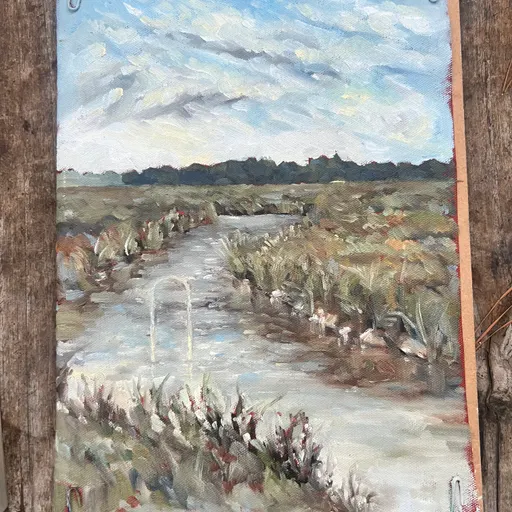 A serene landscape painting depicting a river winding through a field with vegetation and distant hills under a partly cloudy sky.