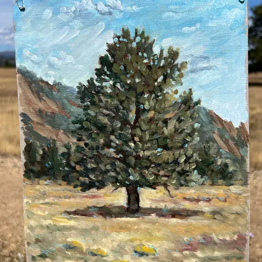 A serene landscape painting featuring a solitary tree in a field with distant mountains under a blue sky.