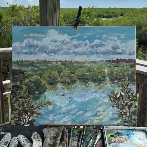 A serene landscape painting featuring a body of water, trees, and a dramatic sky with clouds.