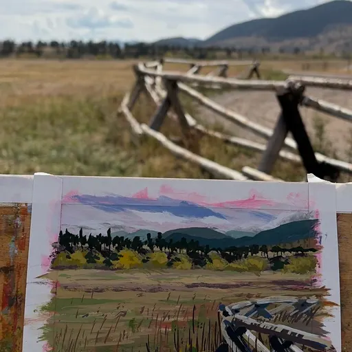A watercolor painting depicting a serene landscape with distant mountains, a wooden fence, and a grassy field with scattered yellow flowers.