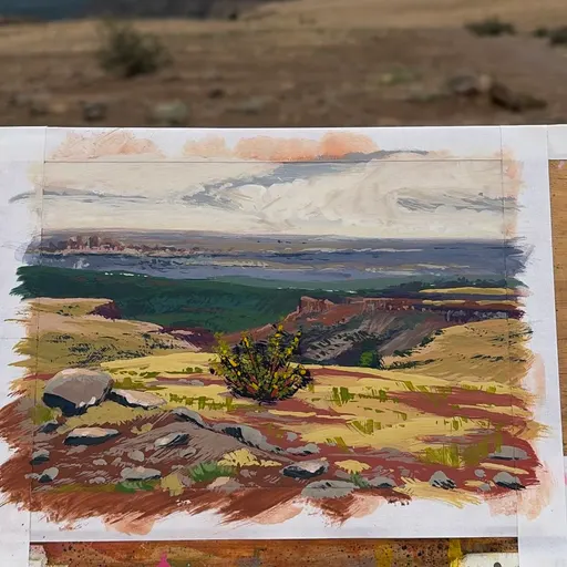 A painted landscape depicting a canyon with layered rock formations, a distant horizon, and sparse desert vegetation.
