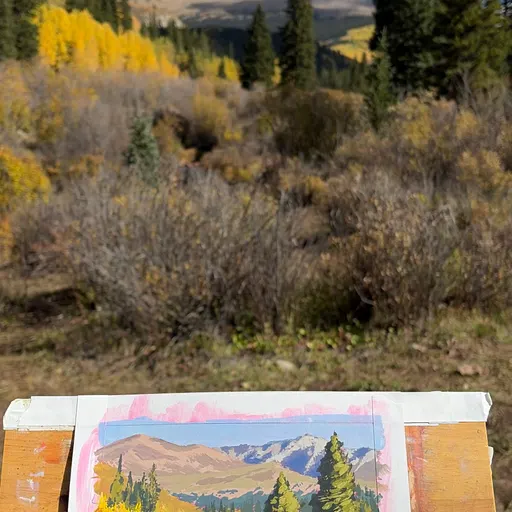A watercolor painting of a mountain landscape with evergreen trees and autumn-colored foliage in the foreground, set against a backdrop of distant peaks under a partly cloudy sky.