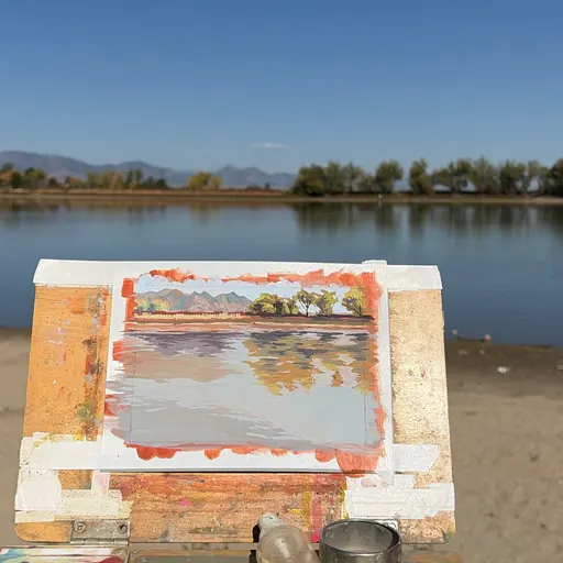 A watercolor painting of a serene landscape featuring mountains, a body of water, and trees, captured in a natural outdoor setting.