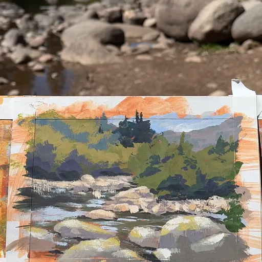 A watercolor painting of a river flowing through a rocky landscape with trees and distant mountains under a blue sky.