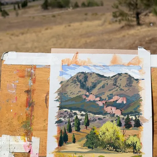 A watercolor painting depicting a mountain landscape with scattered trees and a field in the foreground under a partly cloudy sky.