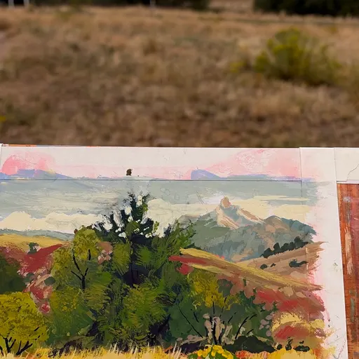 A watercolor painting of a serene landscape featuring a field with trees and distant mountains under a partly cloudy sky.