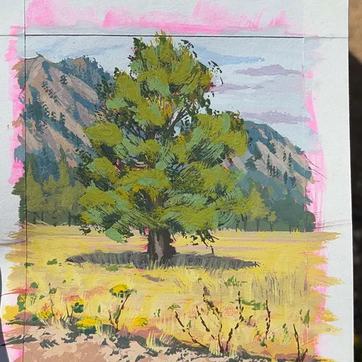 A watercolor painting of a serene landscape featuring a solitary tree in a field with distant mountains under a soft sky.