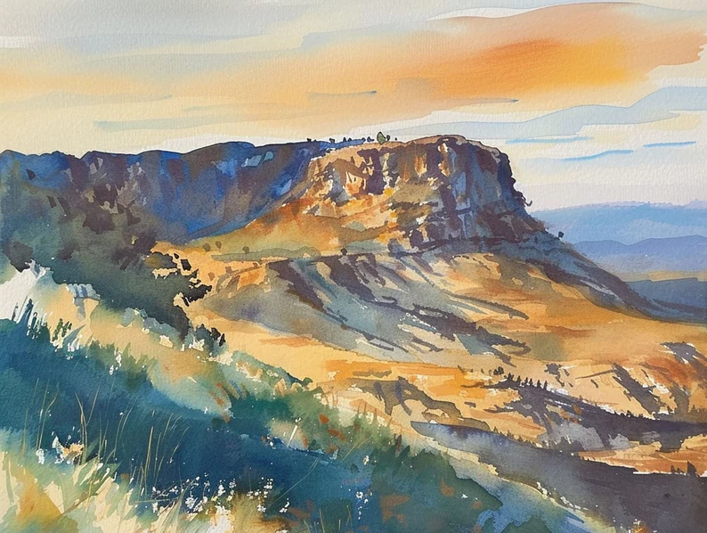 A watercolor painting of a rugged mountain range under a soft, colorful sky with rolling hills and sparse vegetation in the foreground.