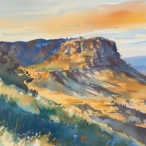 A watercolor painting of a rugged mountain range under a soft, colorful sky with rolling hills and a valley below.
