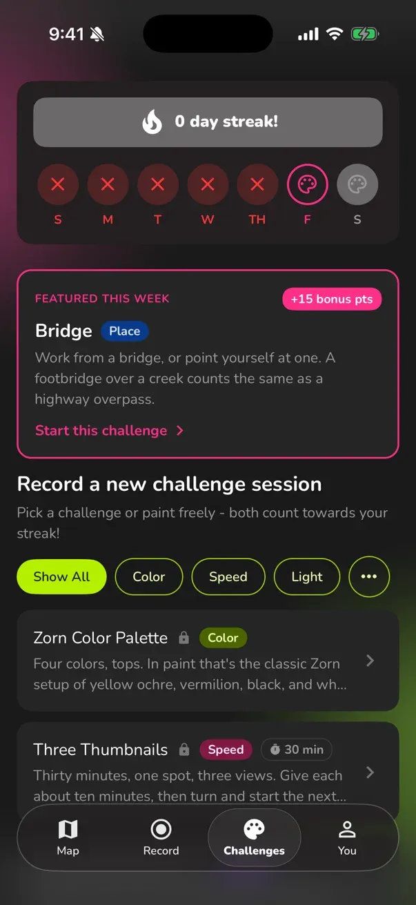Airplein challenges tab with the weekly featured challenge